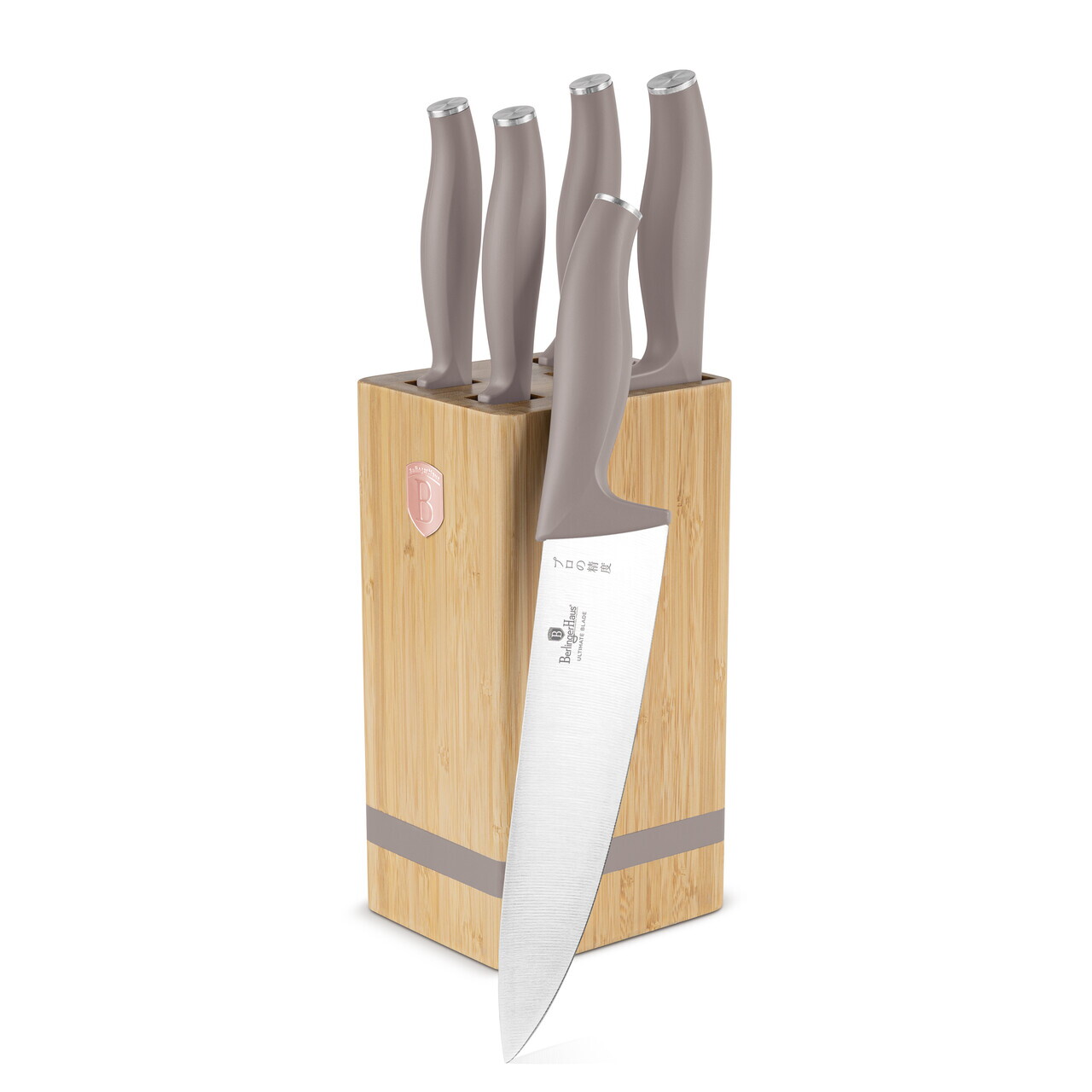 Set 5 cutite cu suport patrat Berlinger Haus, Taupe, inox/bambus, taupe mat/natur - imagine 8