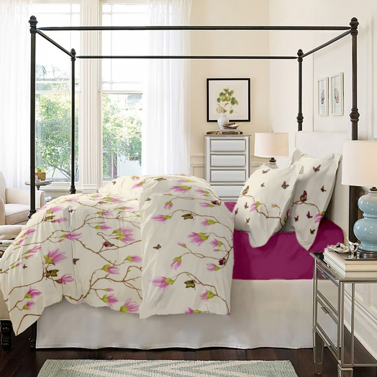 Lenjerie De Pat Dubla King Size, Magnolia Butterfly V1, 4 Piese, 220 X 250 Cm, 100% Bumbac Ranforce, Alb/fucsia