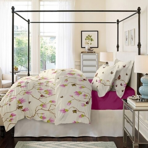 Lenjerie de pat dubla King Size, Magnolia Butterfly V1, 4 piese, 220 x 250 cm, 100% bumbac ranforce, alb/fucsia