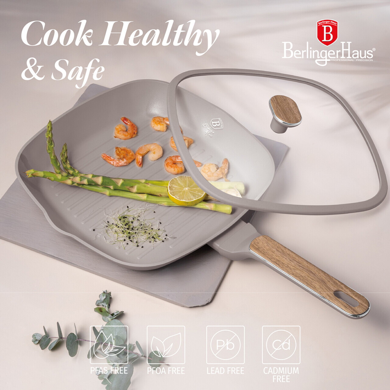 Tigaie grill cu capac Berlinger Haus, Taupe, 28 cm, 2.1 L, aluminiu forjat, taupe mat - imagine 8