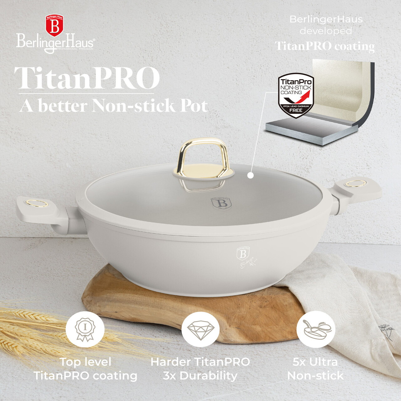 Tigaie Wok cu capac Berlinger Haus, Sahara, 30 cm, aluminiu forjat, crem mat - imagine 15