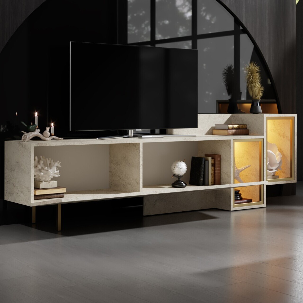 Comoda TV, Hanah Home, Tenon, Travertin / Auriu — imaginea 4