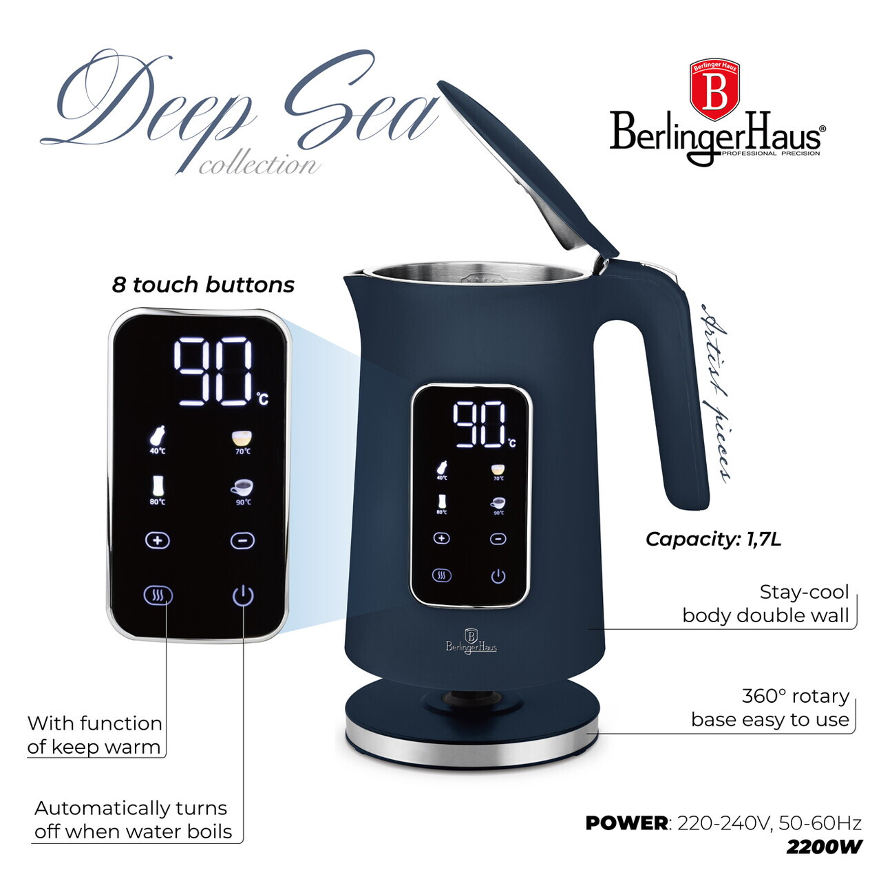 Ceainic electric digital Berlinger Haus, Deep Sea, 1.7 L, plastic/inox, albastru mat - imagine 6