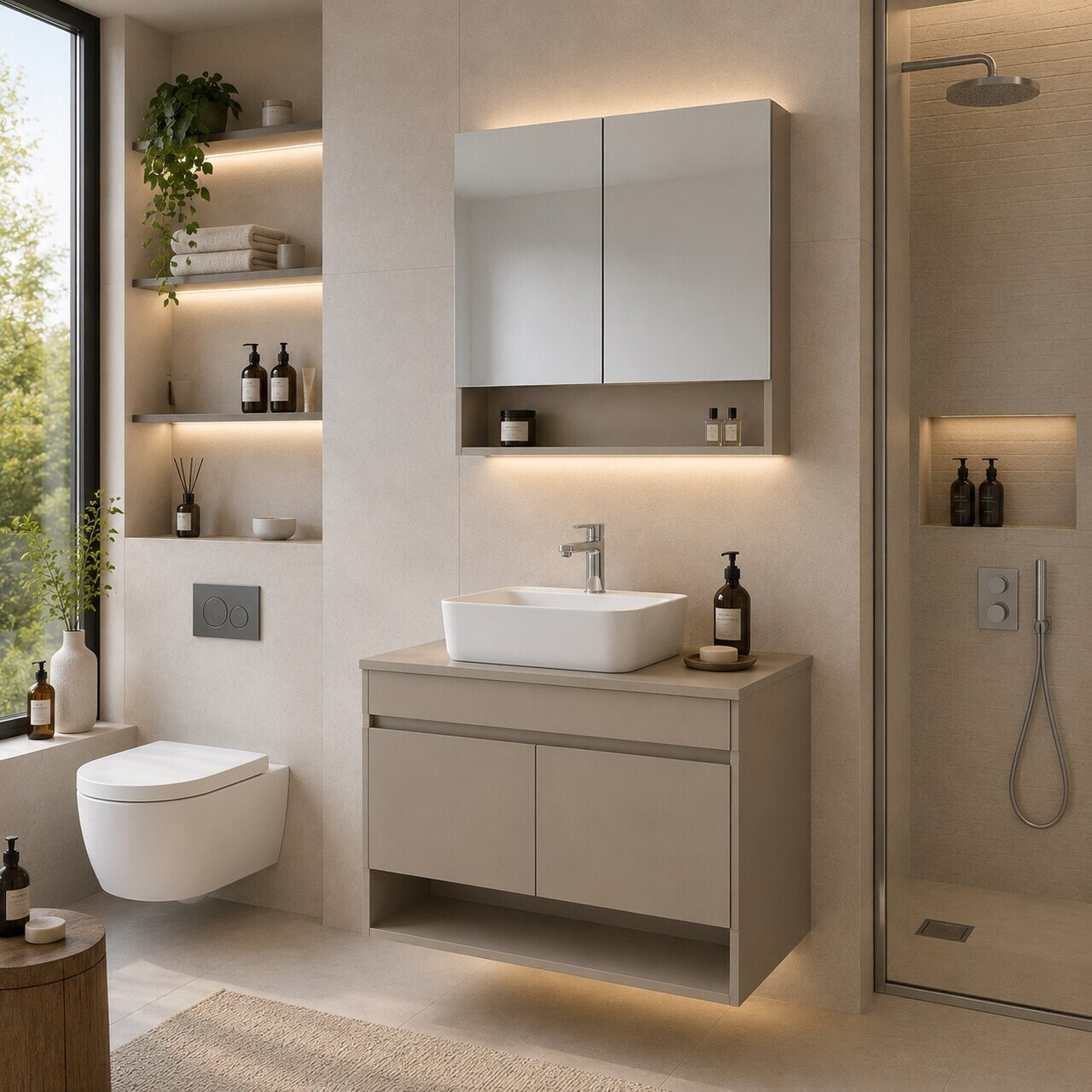 Set Dulap de Baie cu Chiuvetă și Oglindă (2 Piese), Hanah Home, Compacta Bowl 60, Latte