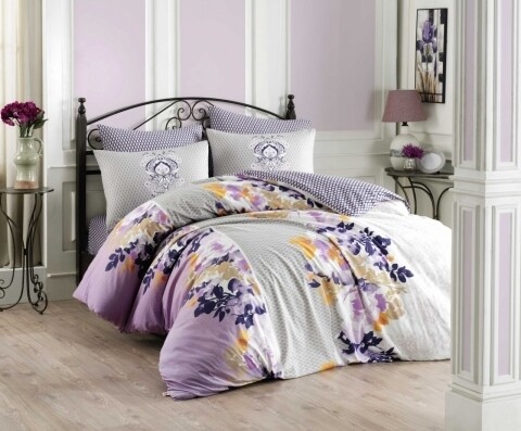 Lenjerie de pat dubla, 4 piese, 100% bumbac ranforce, hobby, liliana lilac, alb/mov