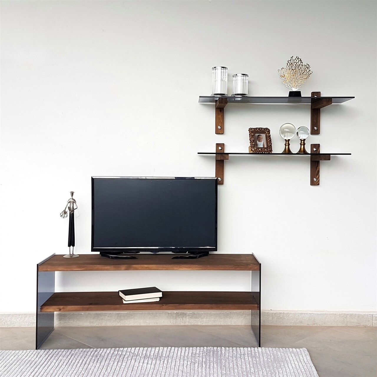 Comoda TV Cu Rafturi De Perete Neostill TV102, 120 X 45 Cm/85 X 25 Cm, Walnut