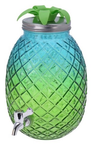 Dispenser pentru bauturi pineapple, 4.7 l, 16x28 cm, sticla, albastru/verde