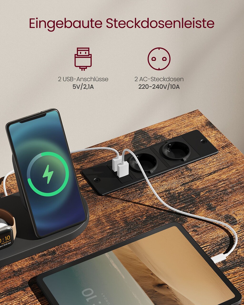 Birou cu priza incorporata si porturi USB, Vasagle, cu lumina LED, 100x50x76 cm, PAL/otel, maro