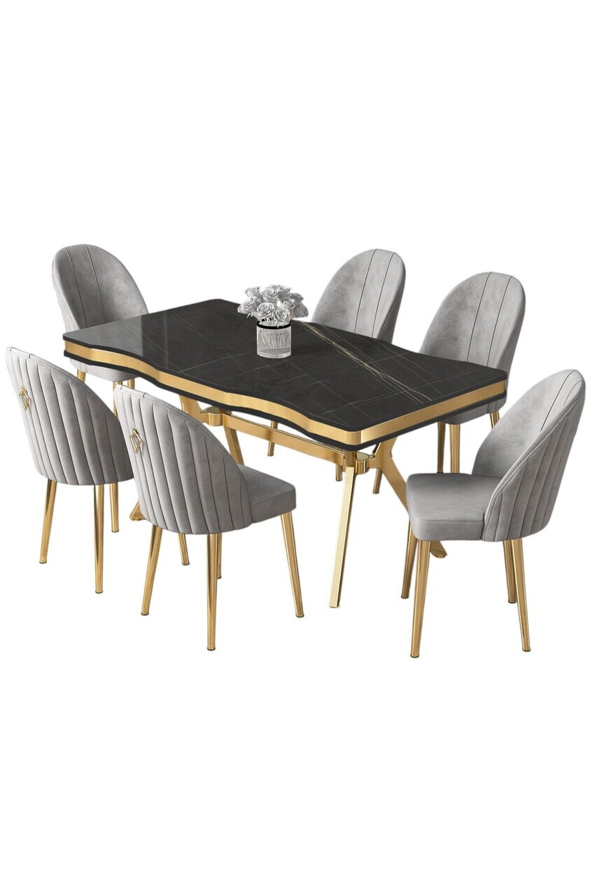 Set masa si scaune (7 piese), Hanah Home, Pem, Sonata / Auriu / Gri — imaginea 2