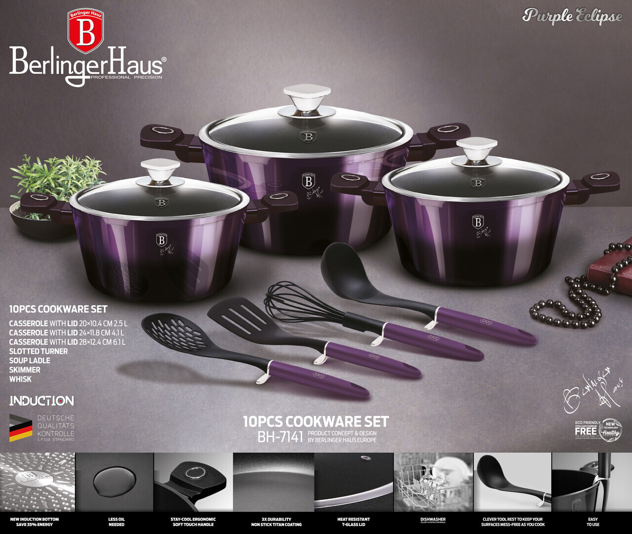 Set pentru gatit Berlinger Haus, Purple Eclipse, 10 piese, aluminiu forjat, mov - imagine 3