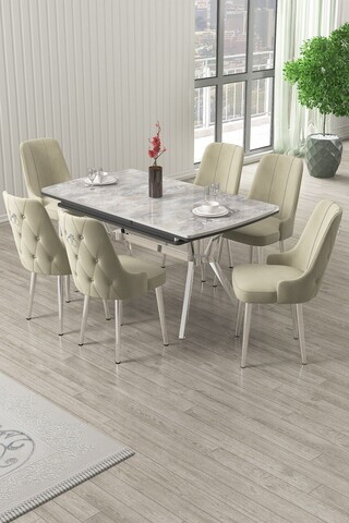 Set masa extensibila si scaune (7 piese), Hanah Home, Nis, Gri / Crom / Crem