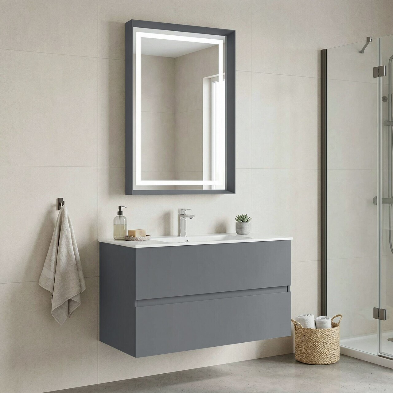 Set Dulap de Baie cu Chiuvetă și Oglindă (2 Piese), Hanah Home, Nest 91 v2, Gri Mat