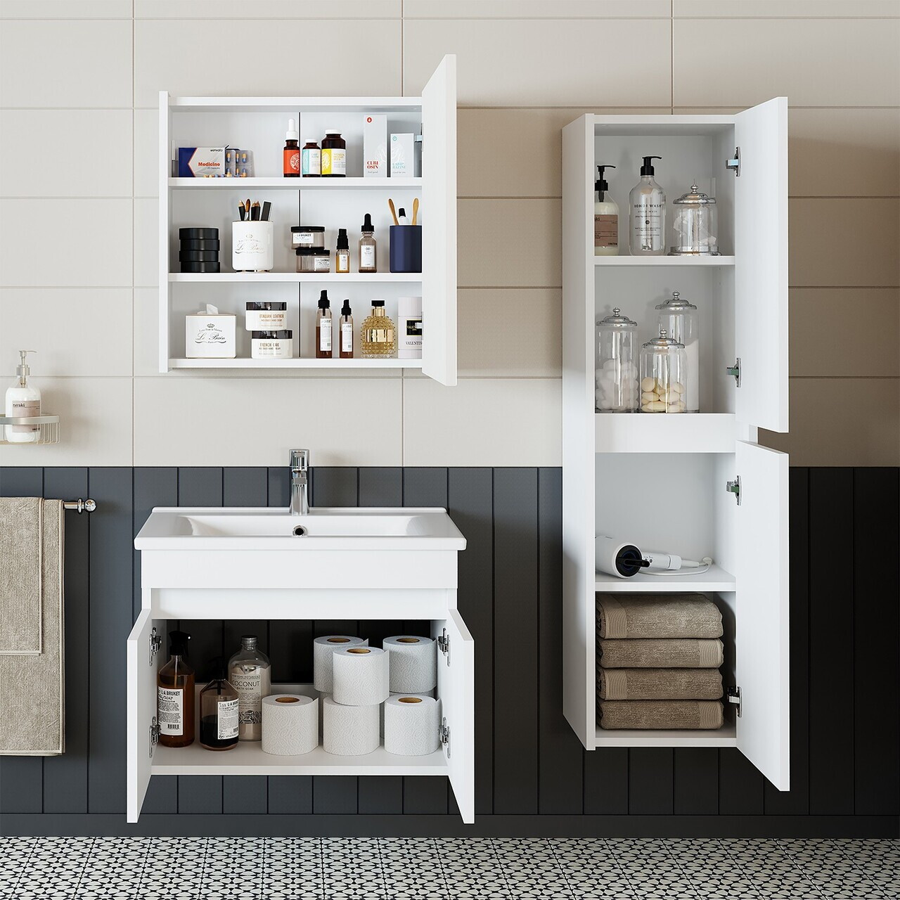 Set Dulap de Baie cu Chiuvetă și Oglindă (3 Piese), Hanah Home, 1323, MDF-LAM, Alb mat — imaginea 3