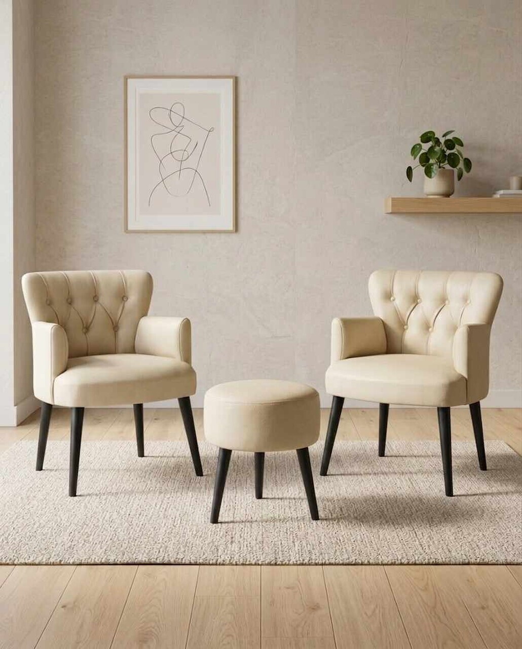 Set fotoliu cu aripioare și puf (3 piese), Atelier del Sofa, 281ELR1186, Crem
