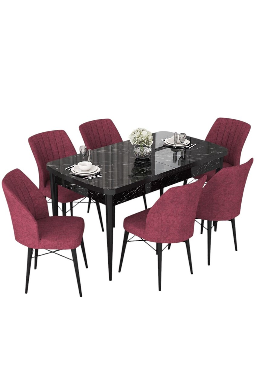 Set masa extensibila si scaune, Hanah Home, Nef, Marmură neagră / Burgundia - view 2