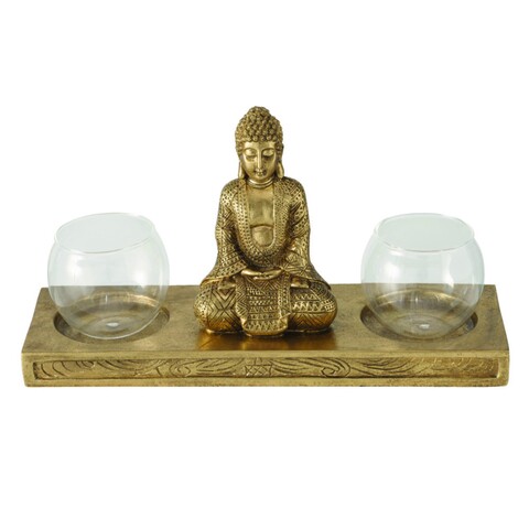 Suport pentru lumanari Jarven Buddha, Boltze, 30x10x16 cmm, polirasina, auriu 30x10x16