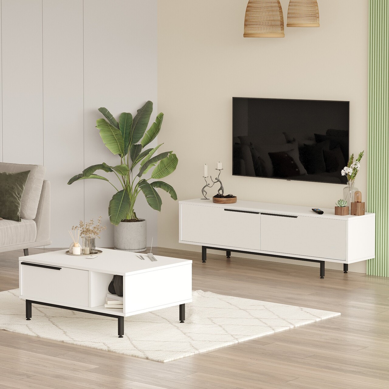 Set mobilier living, Hanah Home, ON19-W, Alb - imagine 2