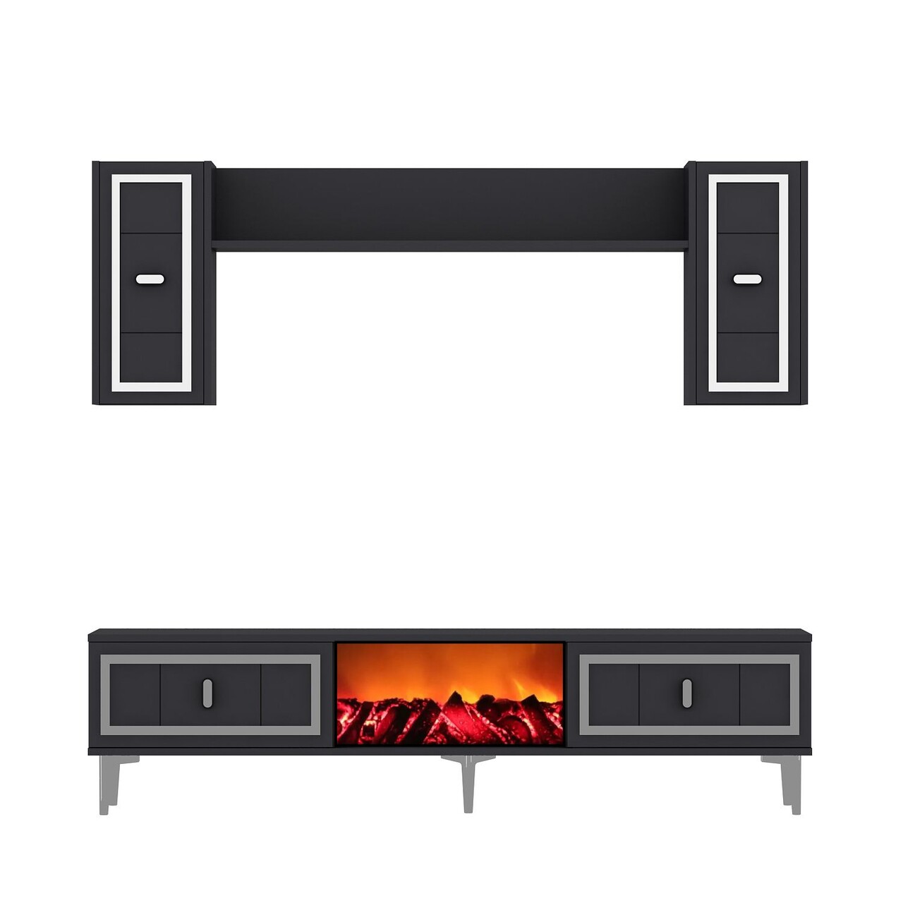 Comoda TV, Hanah Home, Orion Fireplace, 150x44.6x29.6 cm, PAL , Antracit / Argintiu - imagine 3