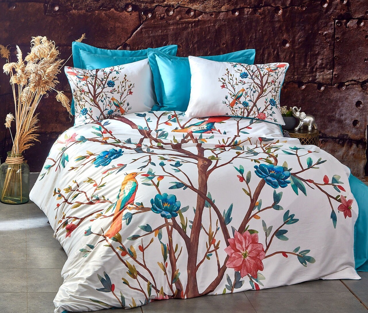 Lenjerie de pat dubla King (FR) 3 piese L'essentiel Maison 476 Turcoaz / Alb / Maro / Roșu