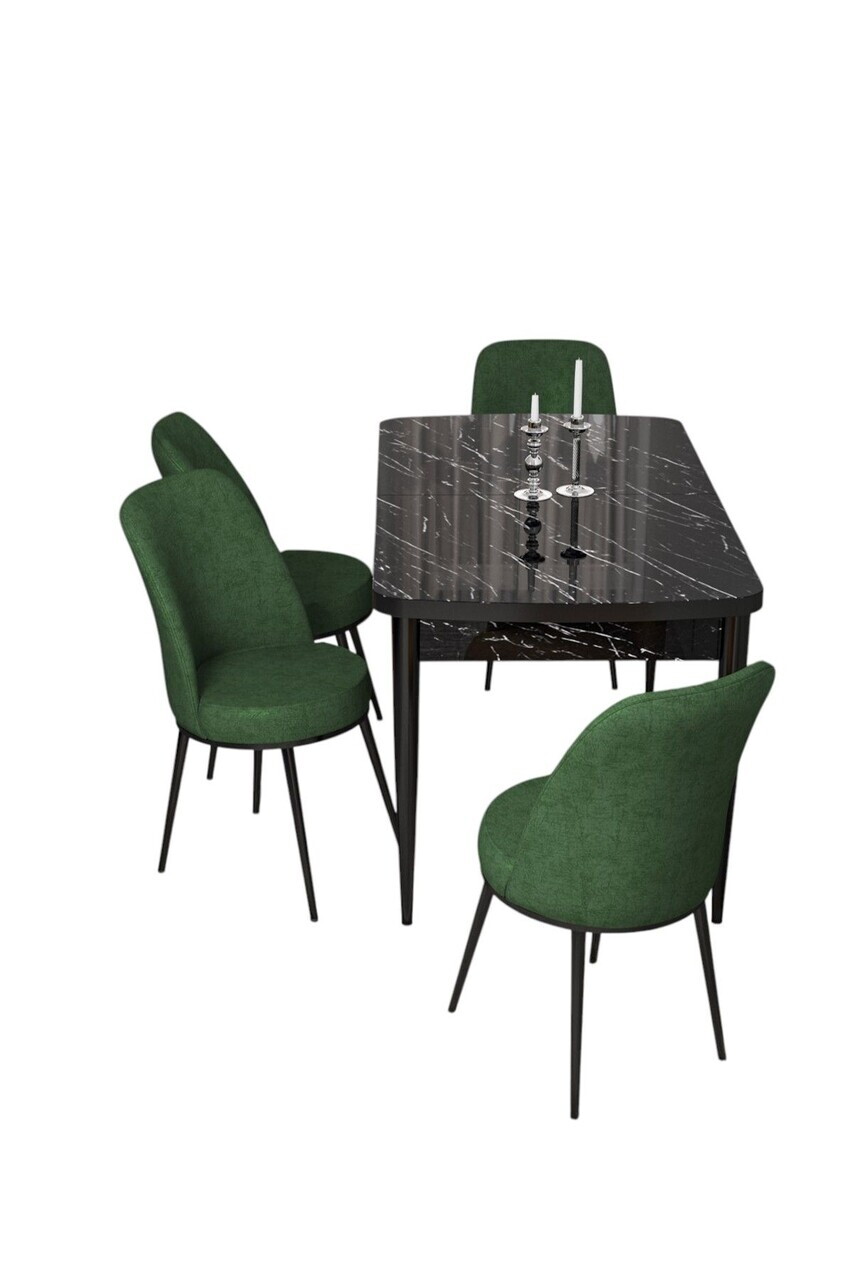 Set masa extensibila si scaune (5 piese), Hanah Home, Via, Model de marmură neagră / Verde kaki — imaginea 2