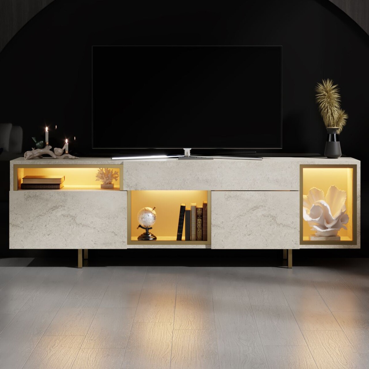 Comoda TV, Hanah Home, Norm, 180x55x32 cm, Travertin / Auriu - view 2