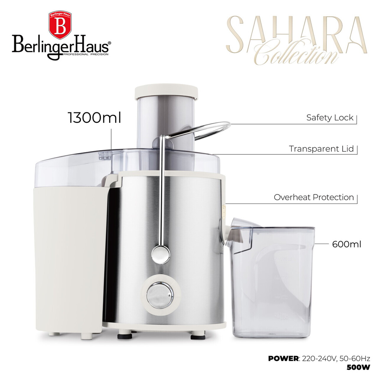 Storcator de fructe Berlinger Haus, Sahara, 500W, 600 ml/1300 ml, inox, crem/argintiu - view 6