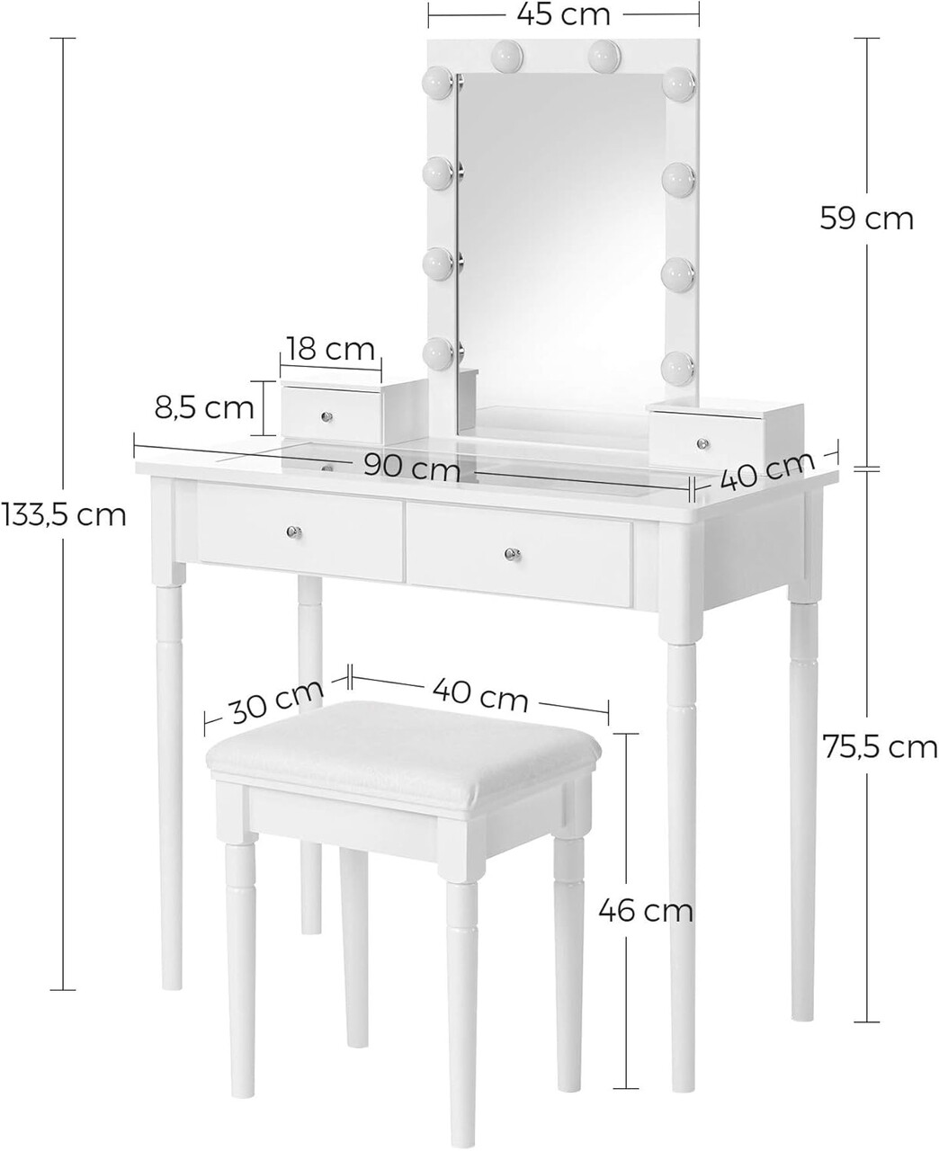 Masa de toaleta cu taburet si oglinda cu LED-uri / masuta dressing, Vasagle, 90x40x133.5 cm, MDF/lemn de pin/lemn de cauciuc, alb