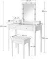 Masa de toaleta cu taburet si oglinda cu LED-uri / masuta dressing, Vasagle, 90x40x133.5 cm, MDF/lemn de pin/lemn de cauciuc, alb