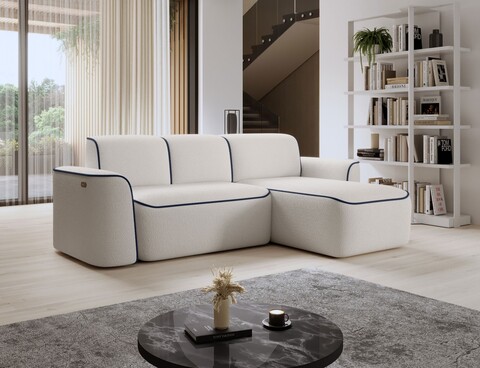 Coltar dreapta 4 locuri ELTAP, Ume, 287x190x88 cm, lemn/poliester, alb/albastru inchis