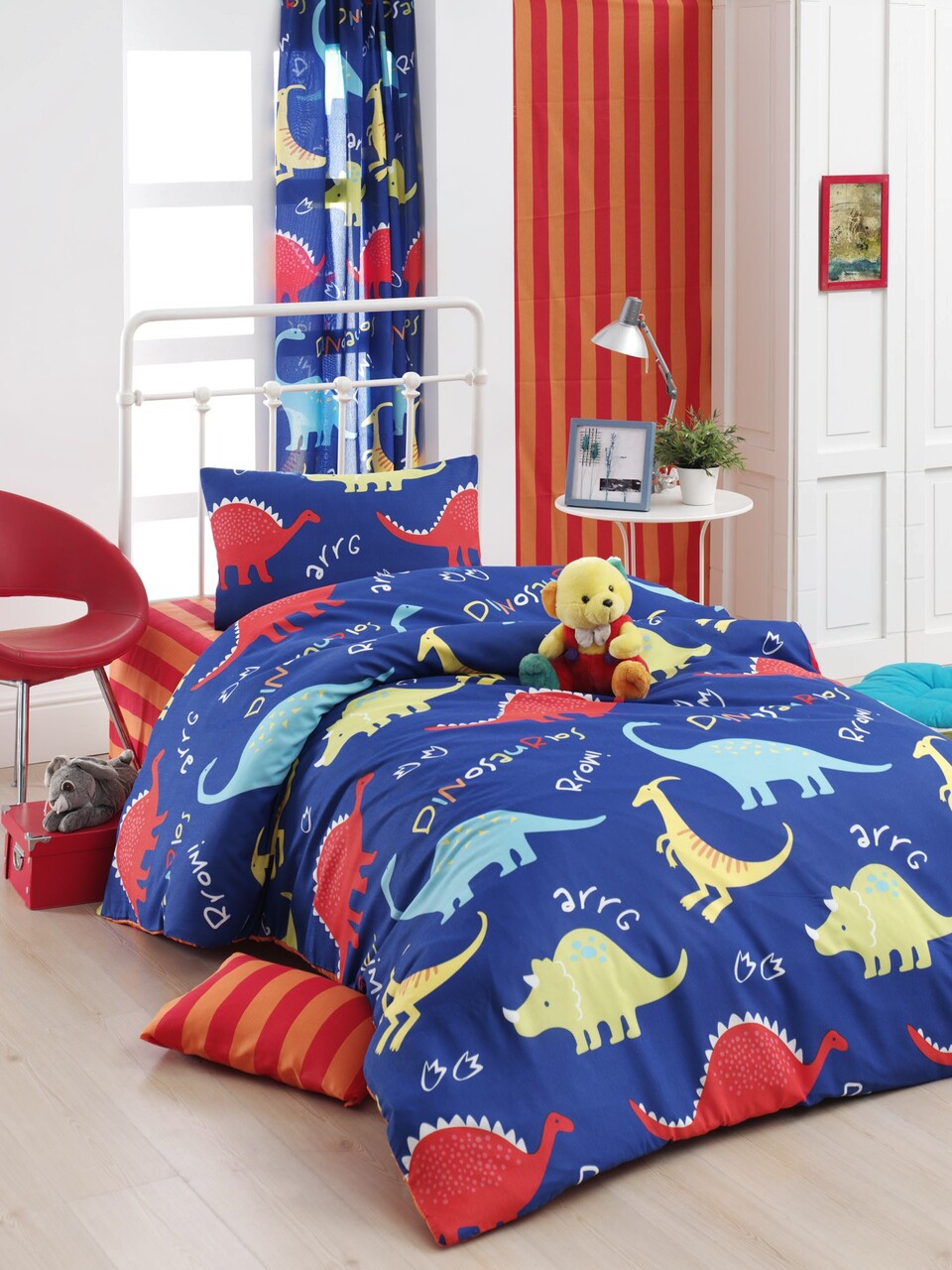 Lenjerie de pat pentru o persoana, Dinazorus - Blue, EnLora Home, 65% bumbac/35% poliester