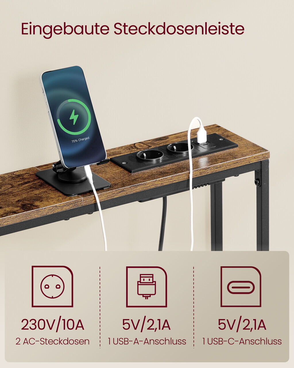 Consola ingusta cu priza si USB, Vasagle, 100x15x80 cm, PAL/otel, maro vintage/negru - imagine 4