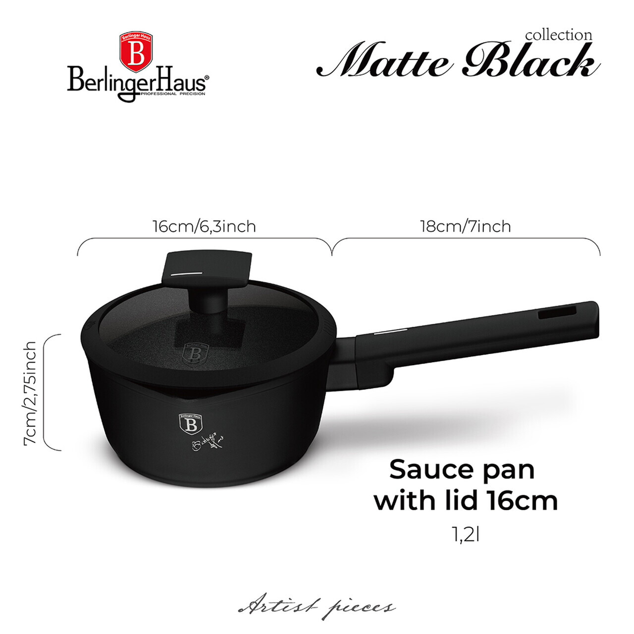 Cratita cu capac Berlinger Haus, Matte Black, 16 cm, 1.2 L, aluminiu forjat, negru - imagine 5