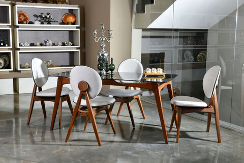 Set masa si scaune 5 piese, Vow Chair, Touch Glass, Lemn de carpen, Nuca / Crema bucătărie