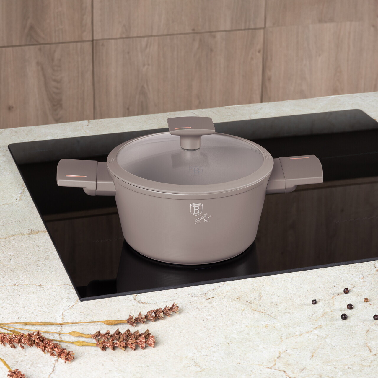 Oala cu capac Berlinger Haus, Taupe, 20 cm, 2.5 L, aluminiu forjat, taupe mat - imagine 2