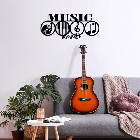 Decoratiune de perete, music, metal, 70 x 29 cm, negru