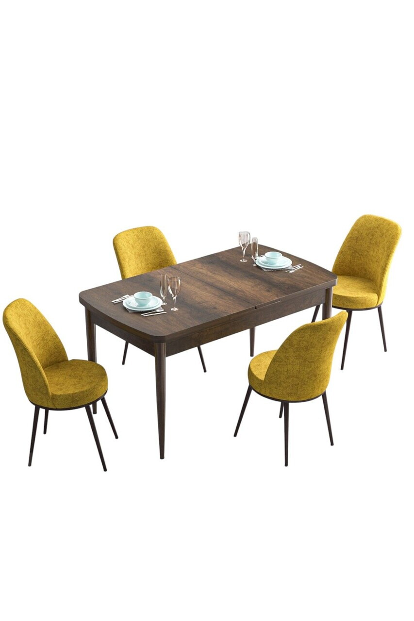 Set masa extensibila si scaune (5 piese), Hanah Home, Han, Model baroc din lemn / Muștar — imaginea 2