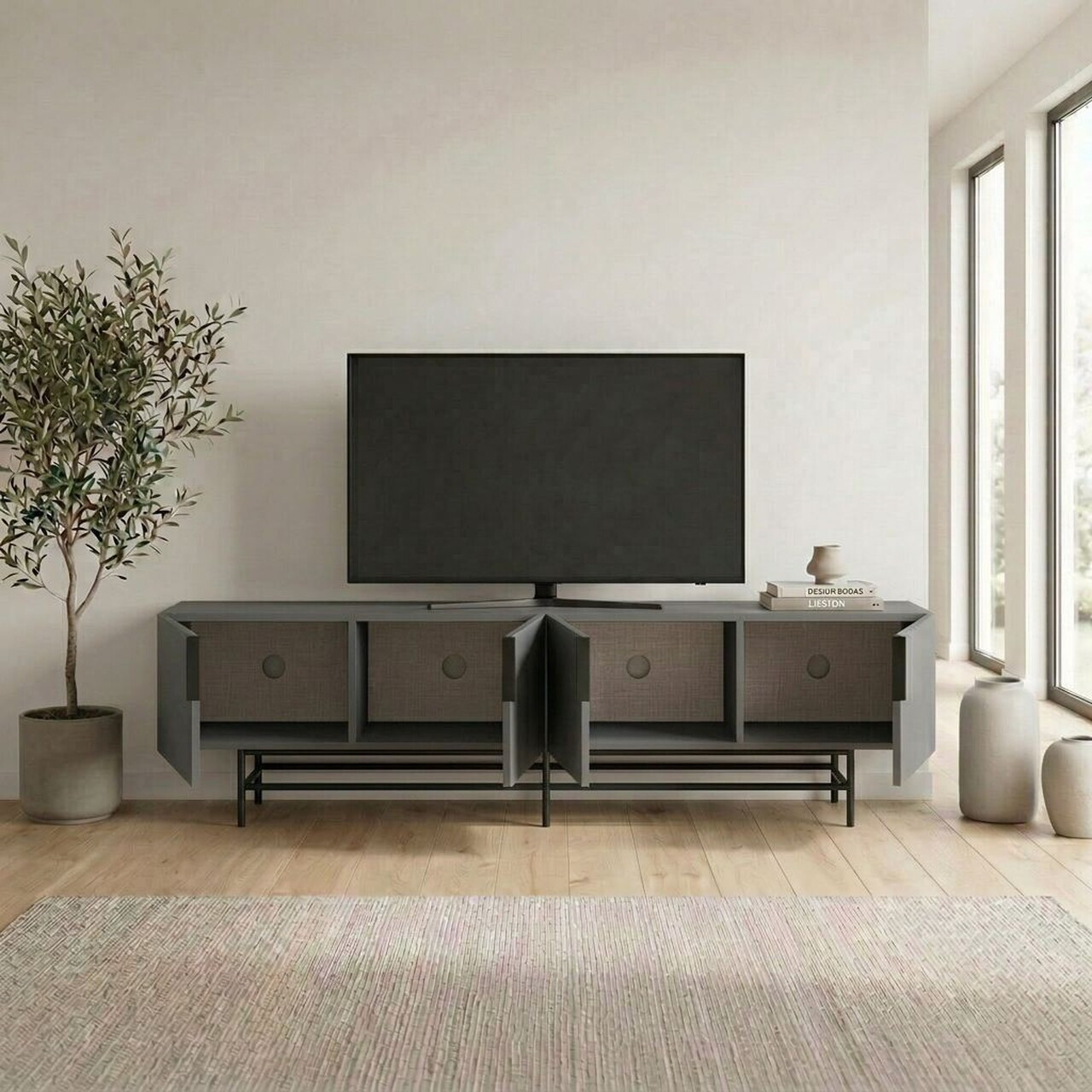 Comoda TV, Hanah Home, Eldia, 200x55x35 cm, PAL, Antracit / Negru — imaginea 2