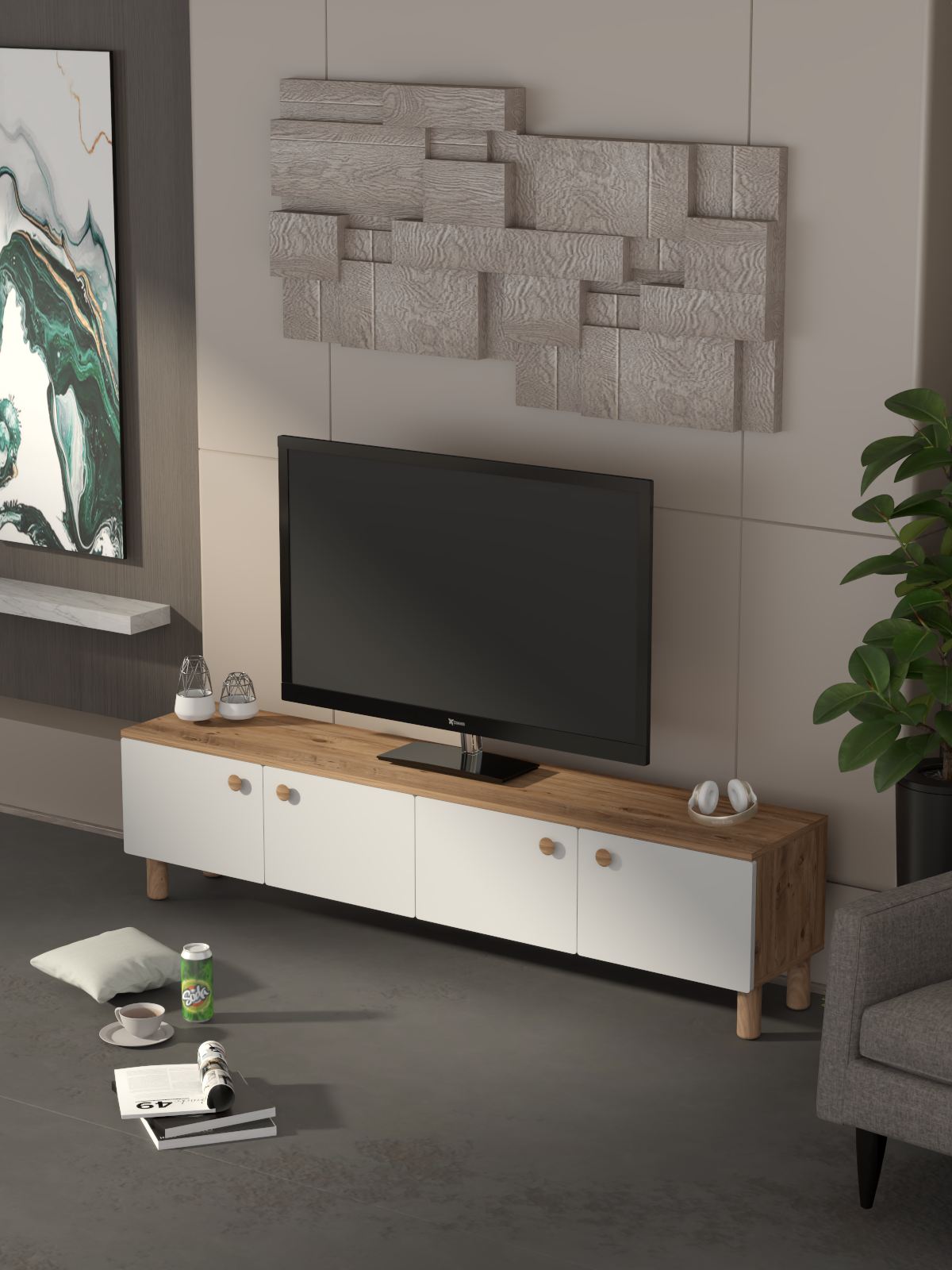 Comoda TV, Hanah Home, Norvella, 180x47x35 cm, PAL, Pin Atlantic / Alb