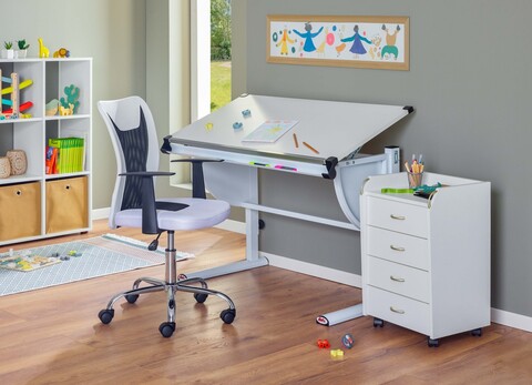 Scaun de birou pentru copii Donny, Inter Link, 55x54.5x85-95 cm, rotativ, metal/poliuretan, alb/negru