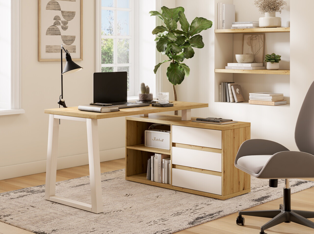 Birou cu dulap lateral ADRK, Iwo II, 135x115x75.2 cm, PAL laminat, artisan/casmir