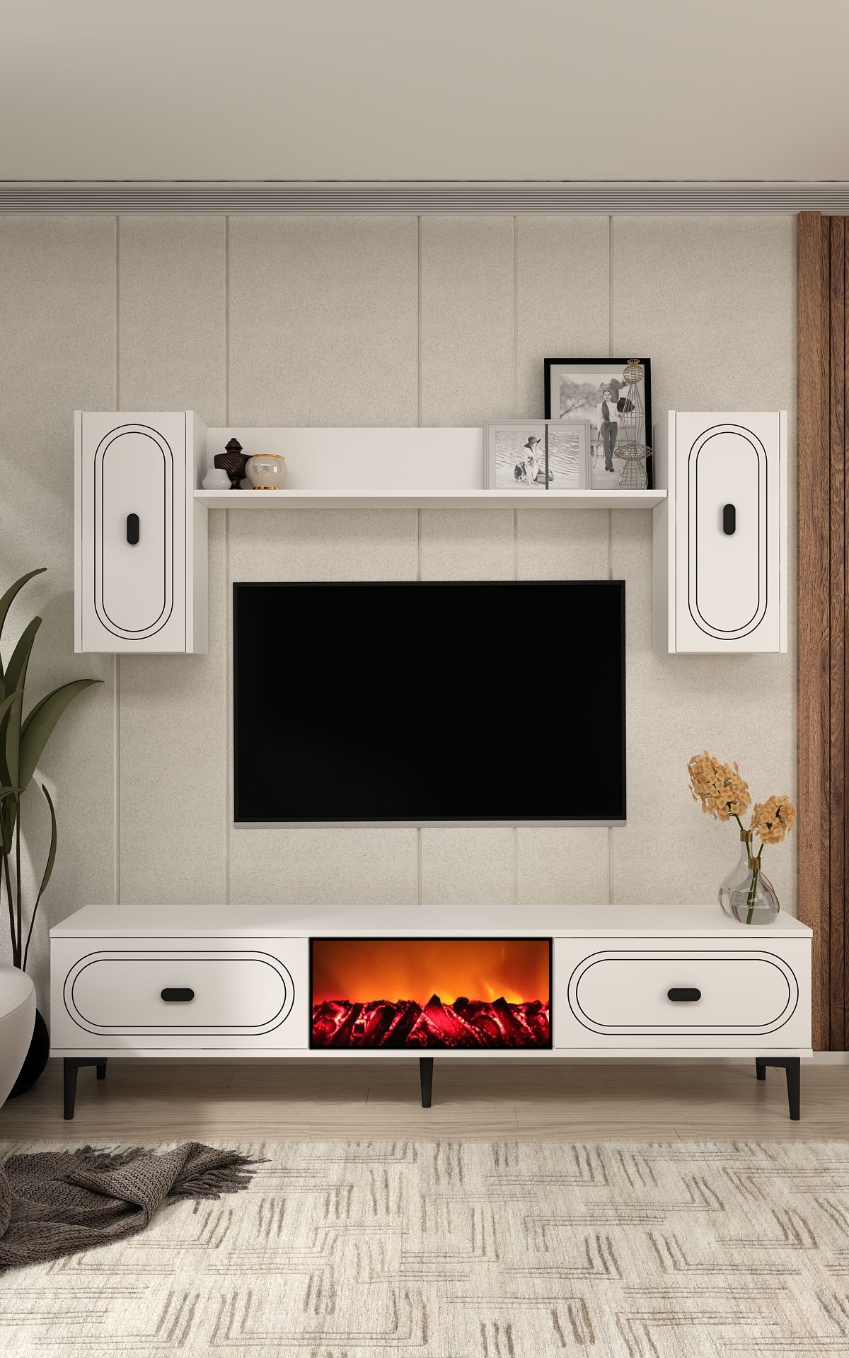 Comoda TV, Hanah Home, Weny Bohem Fireplace, 150x44.6x29.6 cm, PAL , Alb