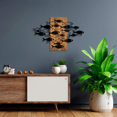 Decoratiune de perete, shoal, 50% lemn/50% metal, dimensiune: 88 x 58 cm, nuc / negru