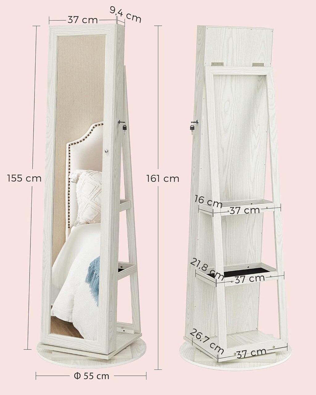Dulap rotativ pentru bijuterii cu oglinda, Songmics, 55x161 cm, PAL/sticla, alb - 1 | YEO