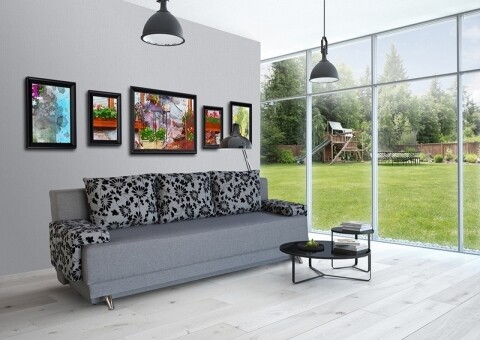 Canapea Extensibila Roma Grey Black Flower 205x90x86 Cm + Lada De Depozitare