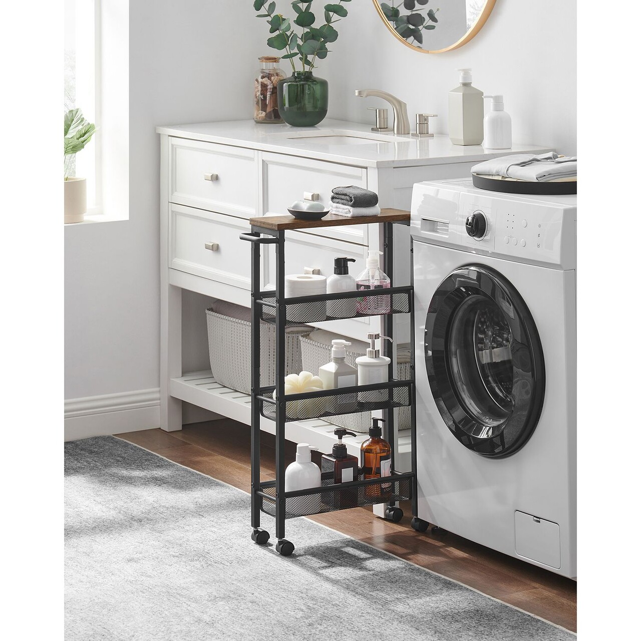 Carucior ingust cu 4 rafturi si roti, Vasagle, 45.4x13x77 cm, PAL/ote, negru - 2 | YEO