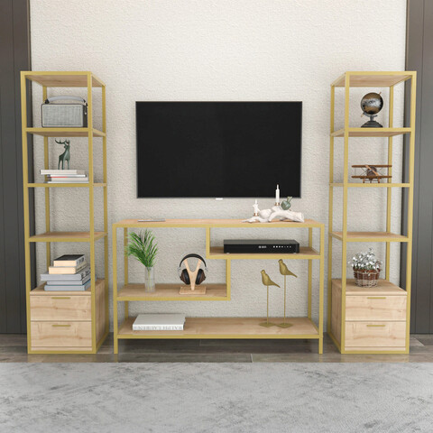 Comoda TV, Retricy, Robbins, 198x39x160 cm, PAL, Aur / Stejar mezoni.ro