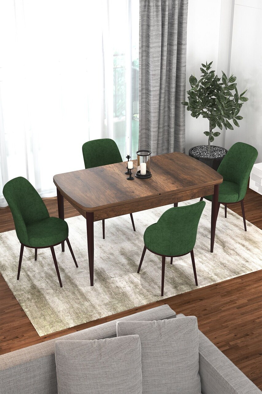 Set masa extensibila si scaune (5 piese), Hanah Home, Via, Model baroc din lemn / Verde kaki