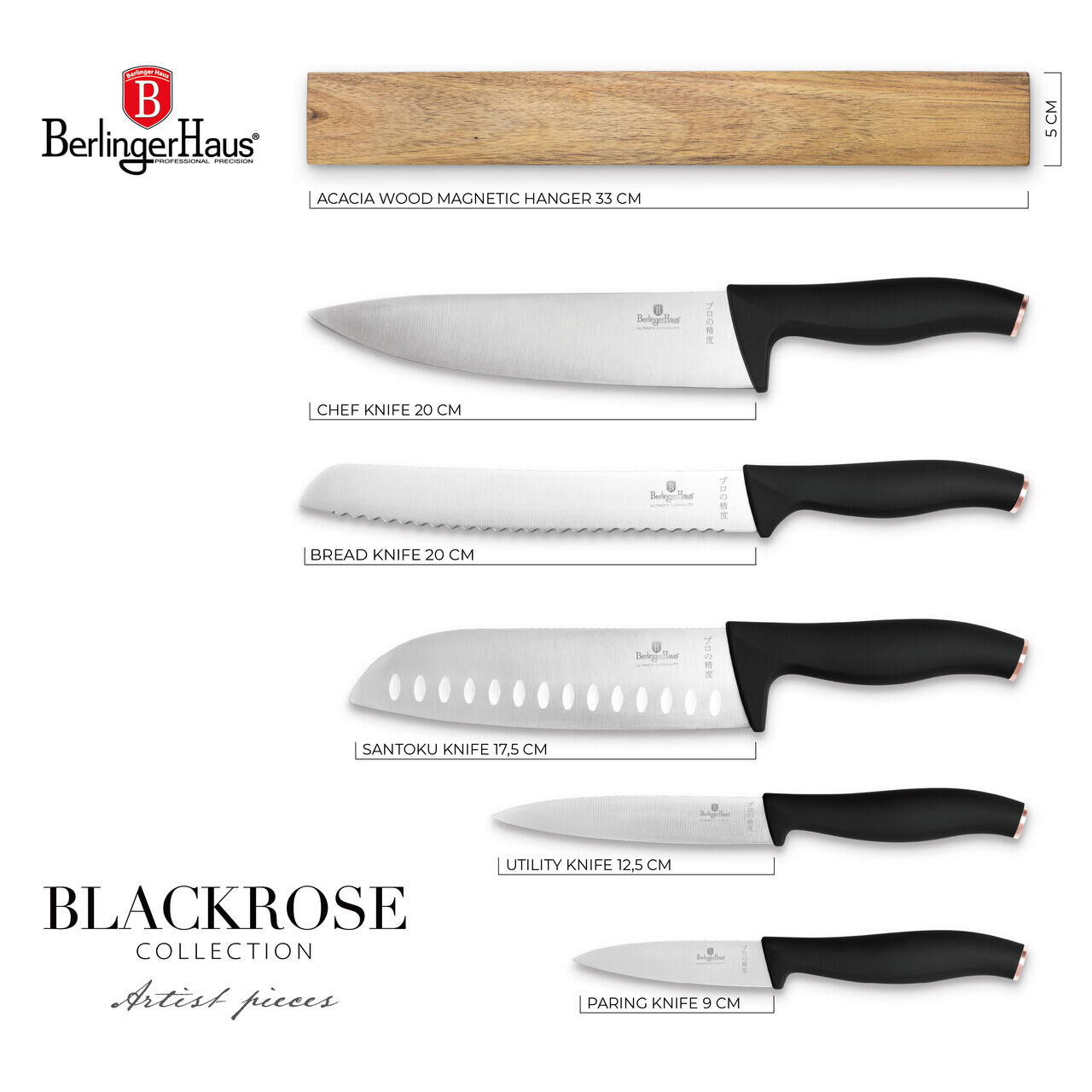 Set 5 cutite cu suport magnetic Berlinger Haus, Black Rose, inox/lemn, negru/natur - imagine 16