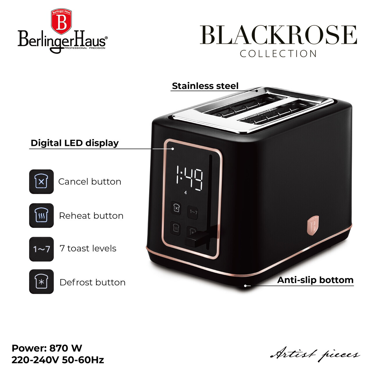 Prajitor de paine digital Berlinger Haus, Matte Black, 27.8x16.6x19.1 cm, inox, negru - imagine 10