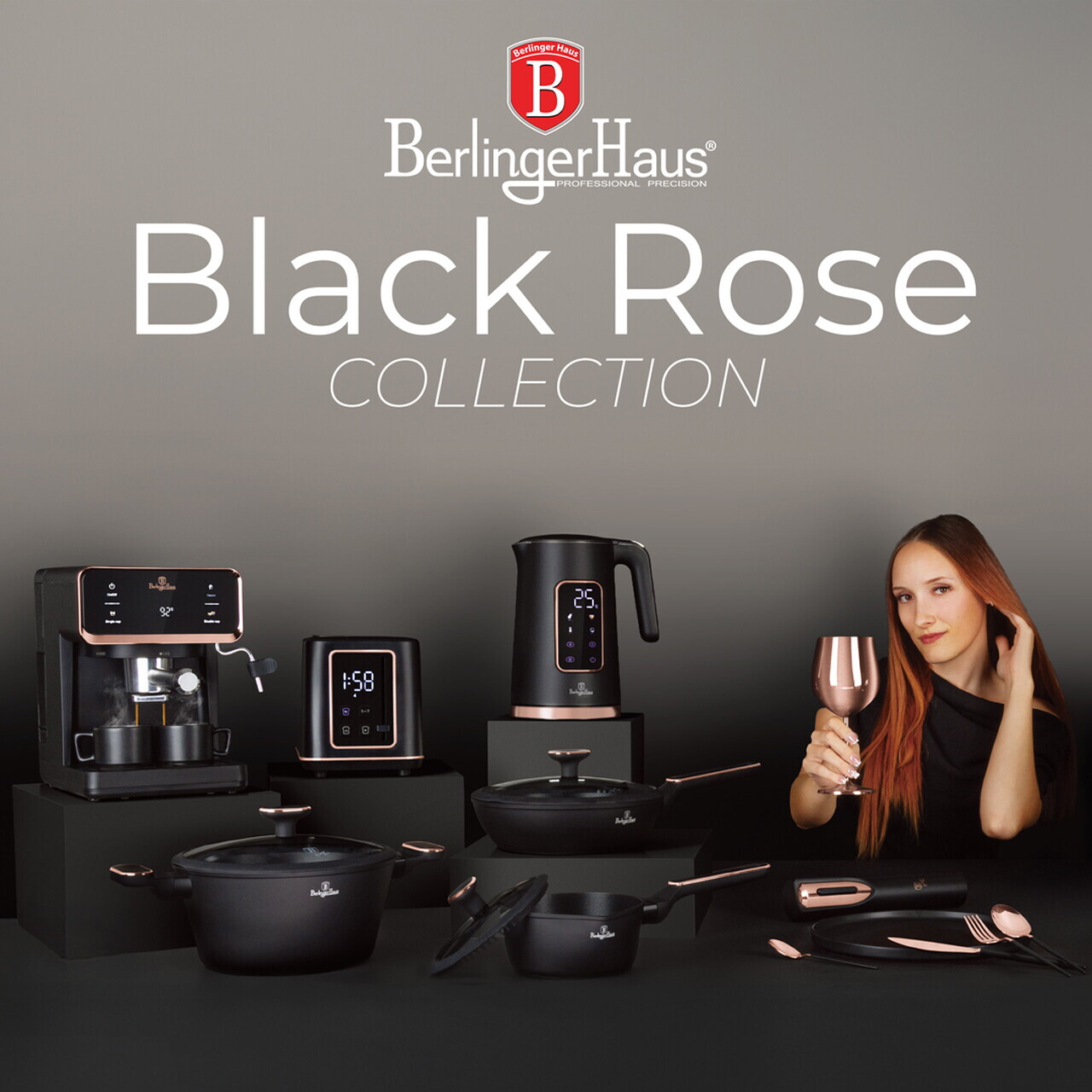 Set ceainic electric si prajitor de paine Berlinger Haus, Black Rose, 2200W/930W, plastic/inox, negru - imagine 2